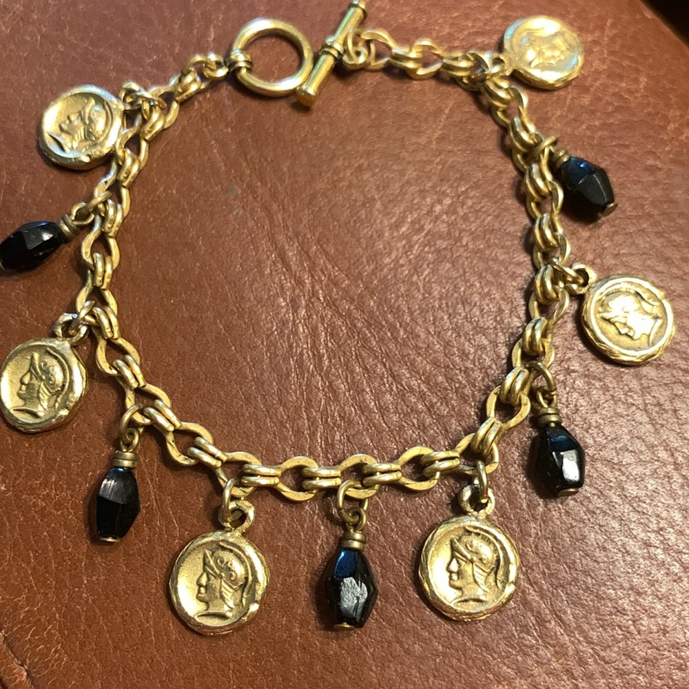 ANCIENT ROMAN COINS AND FACETED BLACK BEADS GOLDEN LINKS BRACELET